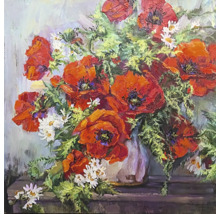 Schilderij met boeket van klaprozen en madeliefjes in vaas