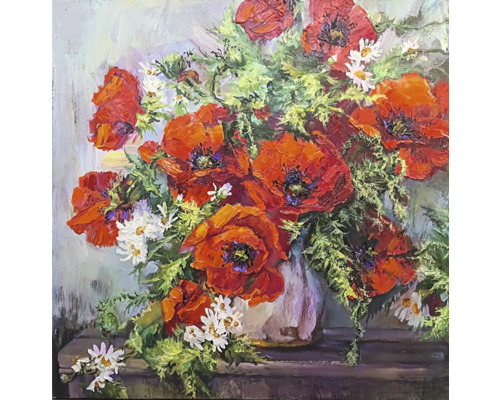 Schilderij met boeket van klaprozen en madeliefjes in vaas