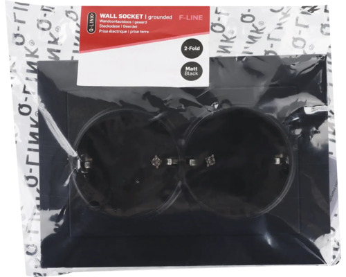 Geaarde dubbele wandcontactdoos in matzwart, in verpakking
