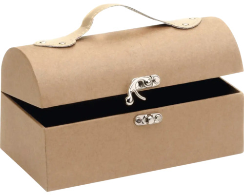 Geopende schatkist van karton met handvat en sluiting