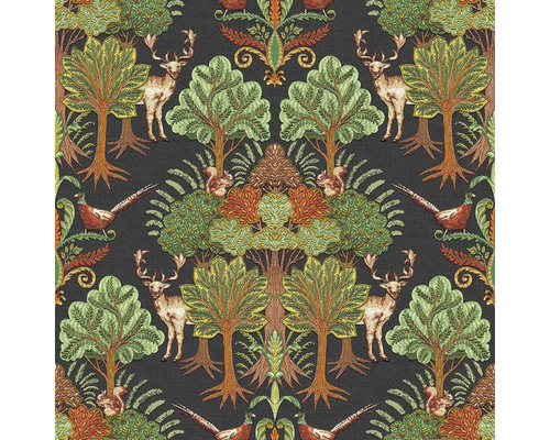 VAVEX Vliesbehang TP422306 Tapestry bos en dieren groen zwart Behang met bospatroon met bomen, herten, eekhoorns en fazanten