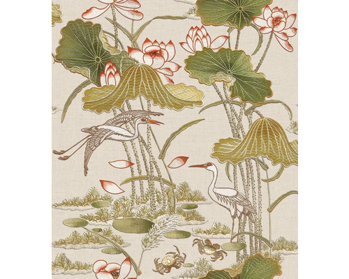 VAVEX Vliesbehang TP422703 Tapestry dieren groen Behang met waterlelies, reigers en krabbenmotief
