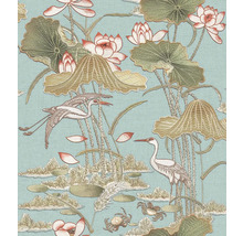 Behang met kraanvogels, waterlelies en waterleliebladeren
