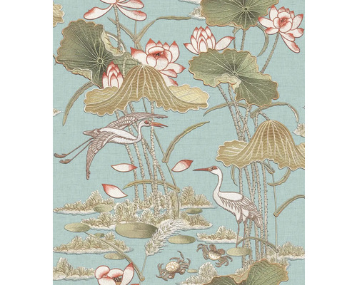 VAVEX Vliesbehang TP422704 Tapestry dieren blauw Behang met kraanvogels, waterlelies en waterleliebladeren