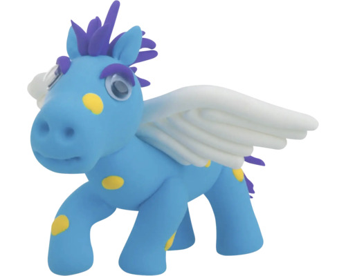Figuur van een blauw paard met gele stippen en vleugels
