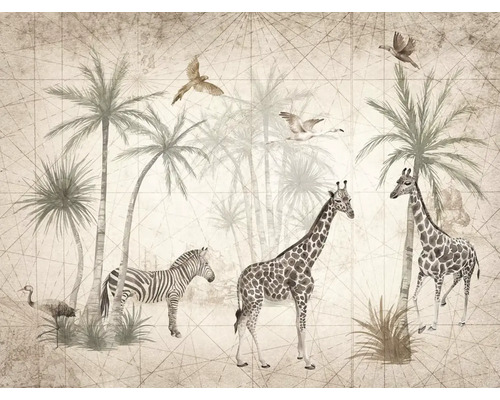 GRANDECO Fotobehang vlies ML1501 Graphic Animal 371x280 cm Decoratief behang met exotische dieren en palmbomen