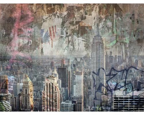 GRANDECO Fotobehang vlies ML3701 New York 371x280 cm New York skyline behang met Empire State Building en graffiti