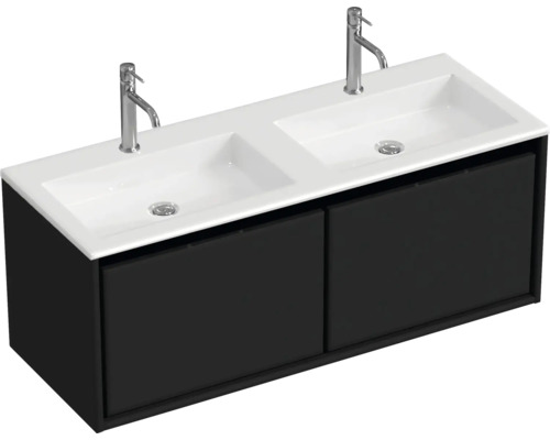 Wastafelonderkast met twee wastafels en twee kranen