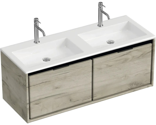 Wastafelmeubel met twee wastafels en onderkast met twee lades
