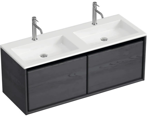 Dubbele wastafel met onderkast en twee kranen