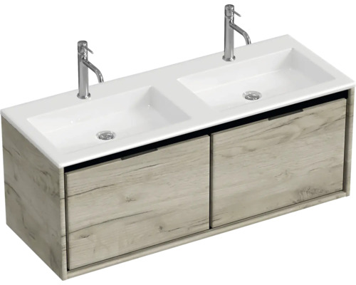 Dubbele wastafel met twee waskommen en onderkast