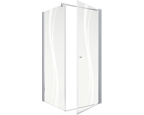 Hoekdouche met open deur en glazen panelen met golfpatroon