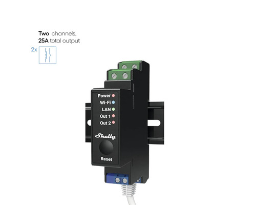 Shelly Pro 2PM DIN-rail schakelaar voor het bedienen van twee stroomcircuits