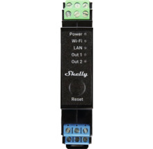 Shelly-logo met indicatoren voor stroom, wifi, LAN en reset