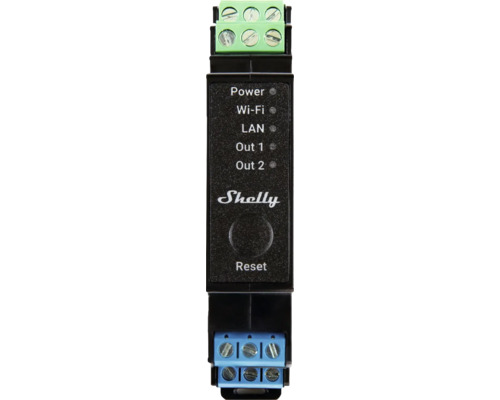 Shelly-logo met indicatoren voor stroom, wifi, LAN en reset