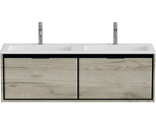 Wastafelonderkast met twee wastafels en twee lades in houtlook