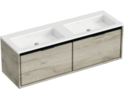 SANOX Badkamermeubelset Loft met dubbele wastafel glans zonder kraangaten 140,5 cm craft oak Dubbele wastafel met onderkast en twee laden in houtdesign voor de badkamer