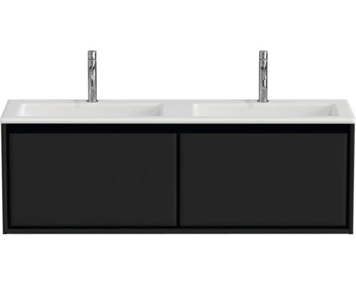 SANOX Badkamermeubelset Loft met dubbele wastafel mat 140,5 cm zwart mat Wastafelonderkast met twee wastafels en twee kranen