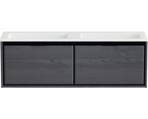 Wastafelonderkast met twee wastafels en twee houten lades