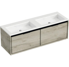 Dubbele wastafel met twee lades in houten decor voor de badkamer