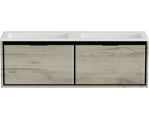 SANOX Badkamermeubelset Loft met dubbele wastafel mat zonder kraangaten 140,5 cm craft oak Wastafelonderkast met twee wastafels en twee lades in houtlook