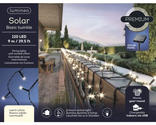 Lumineo Solar Basic Twinkle-lichtslinger met 120 LEDs en een lengte van 9 meter voor decoratie buitenshuis