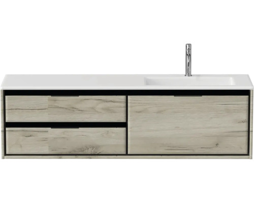 Wastafelonderkast met twee laden, een wastafel en een kraan.