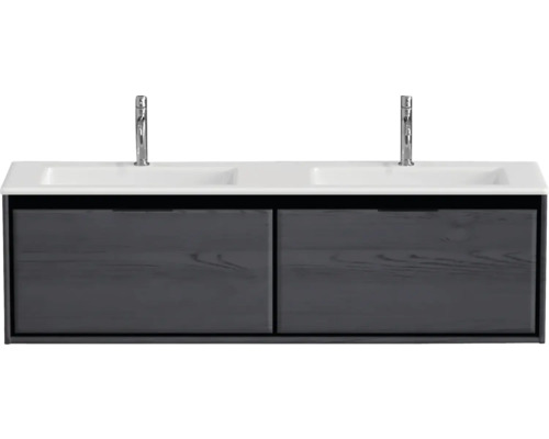 Wastafelonderkast met twee wastafels en twee kranen