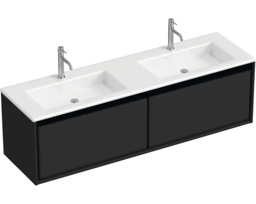 SANOX Badkamermeubelset Loft met dubbele wastafel glans 160,5 cm zwart mat Wastafelonderkast met twee wastafels en twee kranen