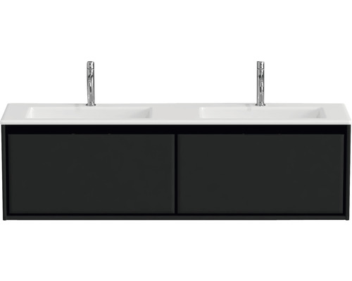 Wastafelonderkast met twee wastafels en twee kranen