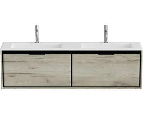 Wastafelonderkast met twee wastafels en houtlook