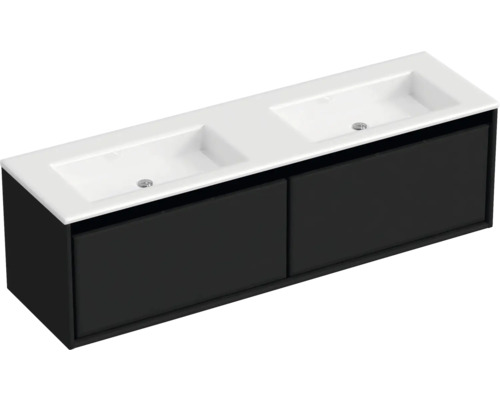 SANOX Badkamermeubelset Loft met dubbele wastafel mat zonder kraangat 160,5 cm zwart mat Wastafelonderkast met twee wastafels en twee lades