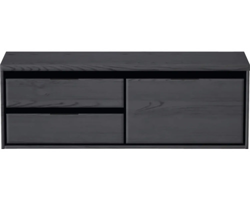 Grijze wastafelonderkast met twee laden en een deur