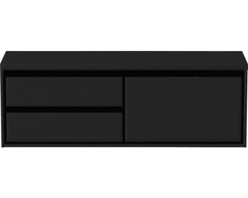 Zwarte wastafelonderkast met twee laden en een deur