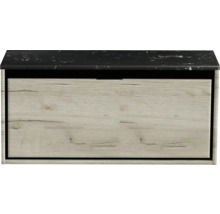 Wastafelonderkast met houten decor en zwart werkblad