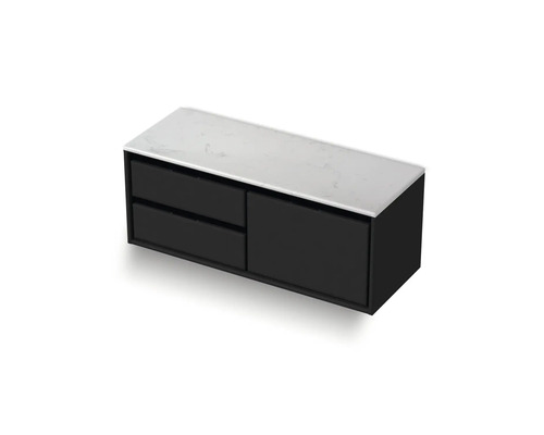 Zwarte wastafelonderkast met twee laden en stenen blad