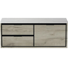 Wastafelonderkast met twee laden en een deur met houtlook en wit wastafelblad