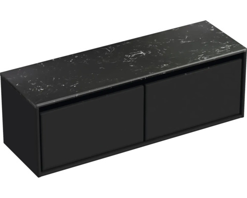Zwart wastafelonderkast met twee laden en marmeren blad