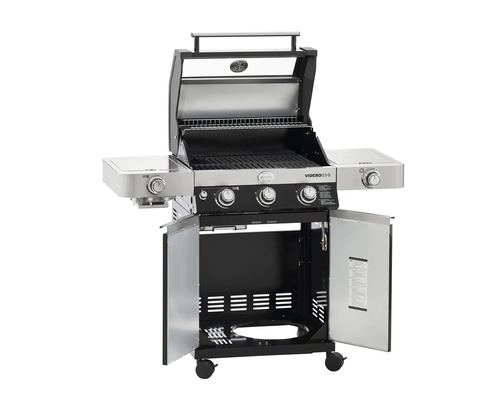 Gasbarbecue met drie branders, zijplanken en onderkast met twee deuren