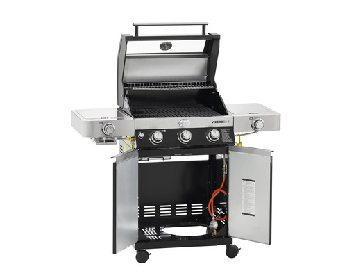 Gasbarbecue met drie branders, zijbranders, grillroosters en onderkast met deuren.