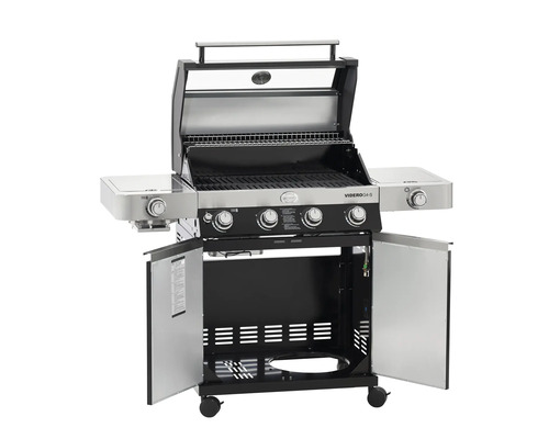 Gasbarbecue met open deksel en open kastdeuren voor buitengebruik