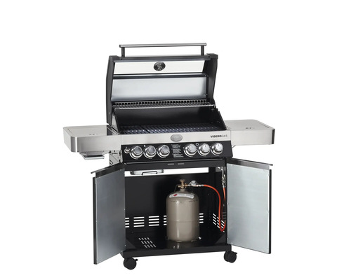 Gasbarbecue met vijf branders, bijzettafels en gasfles in de onderkast