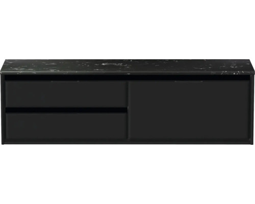 Zwarte wastafelonderkast met twee laden en twee deuren onder marmeren blad