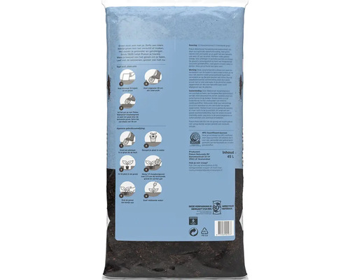 Achterkant van een verpakking potgrond met gebruiksaanwijzing