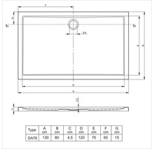 Technische tekening van een douchebak met afmetingen