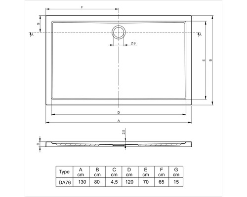 Technische tekening van een douchebak met afmetingen