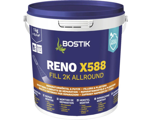 BOSTIK RENO X588 Twee-componenten-reparatiemortel, 1 kg Bostik Reno X588 Fill 2K Allround reparatiemortel in een emmer