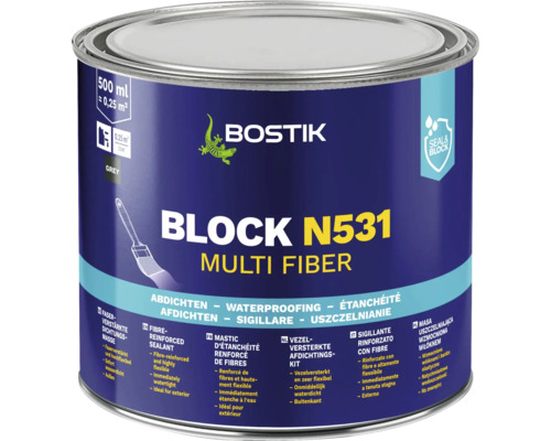 BOSTIK BLOCK N531 Vezelversterkt afdichtingsmiddel, 500 ml Bostik Block N531 Multi Fiber afdichtingskit in verpakking