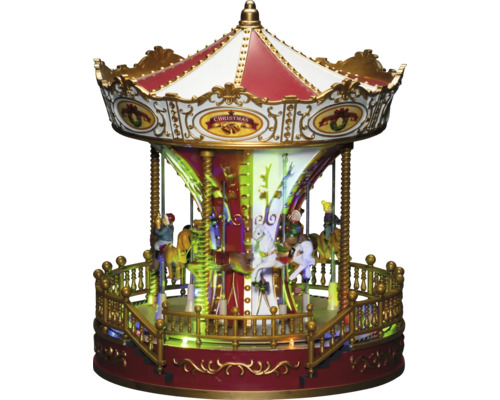 Decoratieve kerstcarrousel met verlichting en gedetailleerde versieringen.