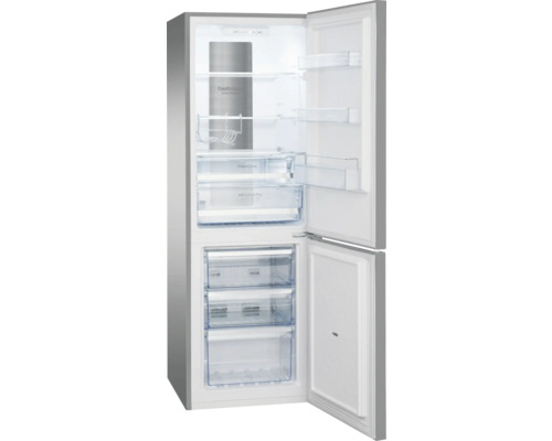 Geopende koelkast met vriesvak, voorzien van planken en laden